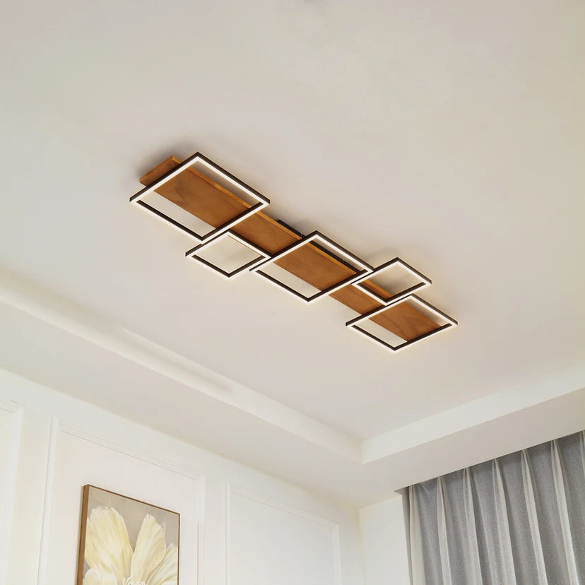 Lindby LED-Deckenlampe Galad, schwarz, Holz, 5-flg., 140 cm