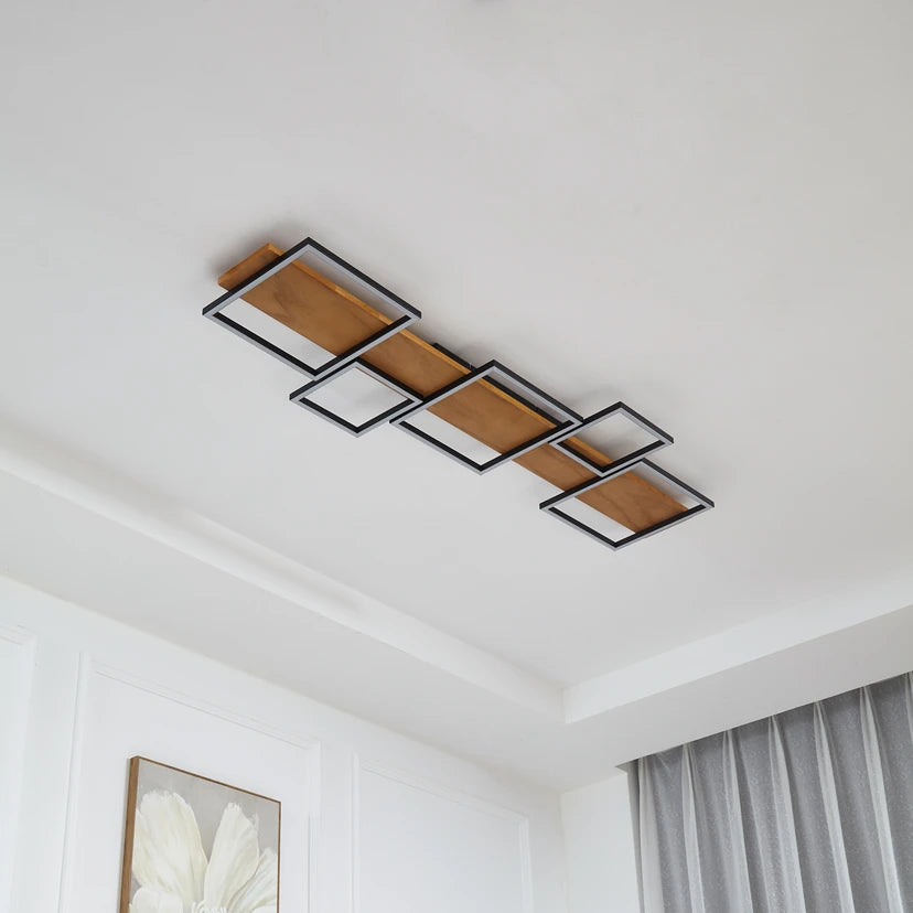 Lindby LED-Deckenlampe Galad, schwarz, Holz, 5-flg., 140 cm