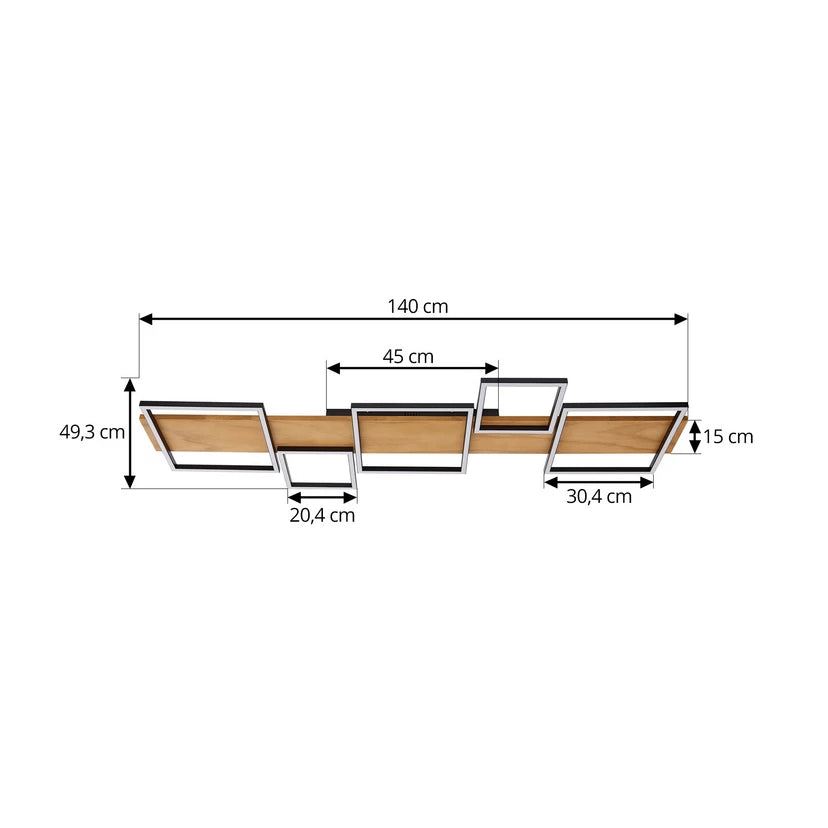 Lindby LED-Deckenlampe Galad, schwarz, Holz, 5-flg., 140 cm